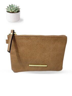 Steve Madden Tan Faux Leather Zip Pouch for Cosmetics Travel • Gold Hardware